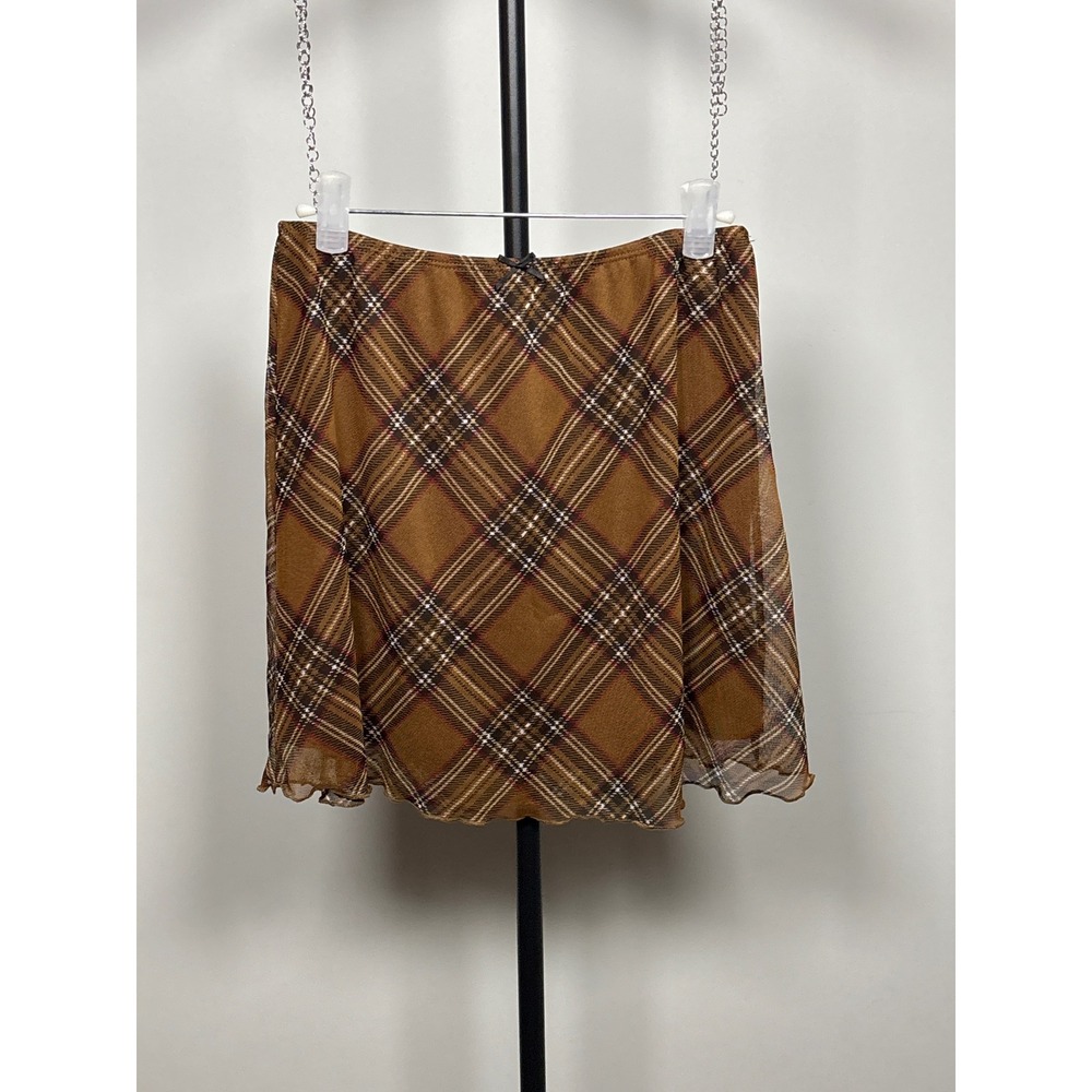 Plaid Mini Skirt Womens M Brown Mesh Y2K Preppy Lettuce Hem Bow Retro 90s Style